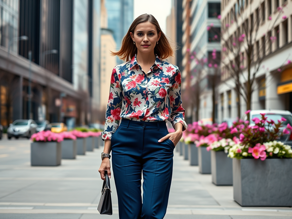 Une femme élégante se promène dans la ville, portant une chemise floral et un pantalon bleu, avec des fleurs en arrière-plan.