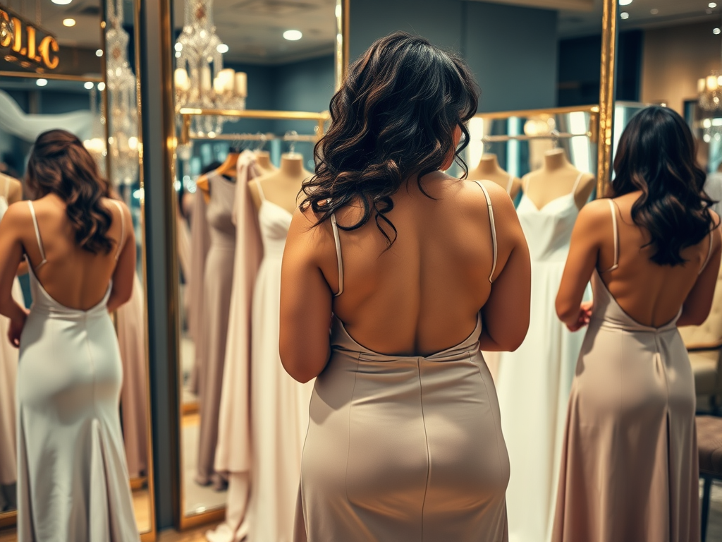 Une femme admire des robes dans un miroir, mettant en avant l'élégance de la mode nuptiale.