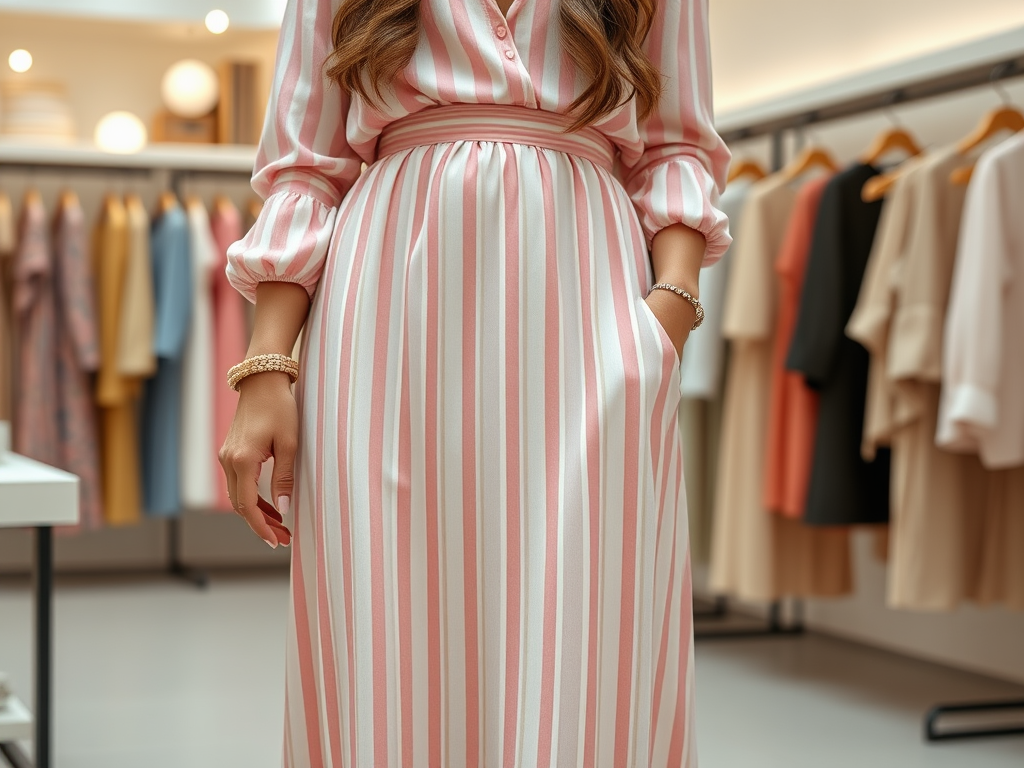 Une femme porte une robe rayée rose et blanche, se tenant devant une collection de vêtements dans un magasin.