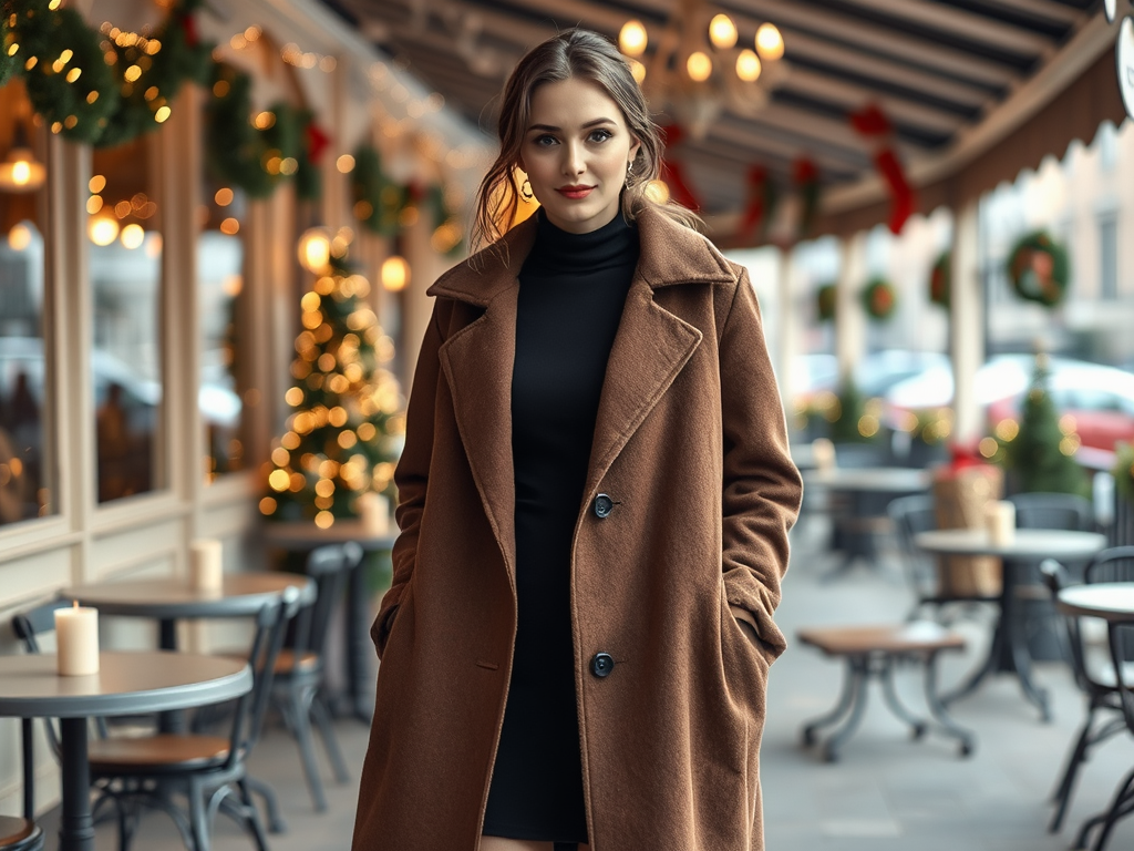 Une jeune femme souriante porte un manteau marron, se tenant devant un café décoré pour les fêtes.