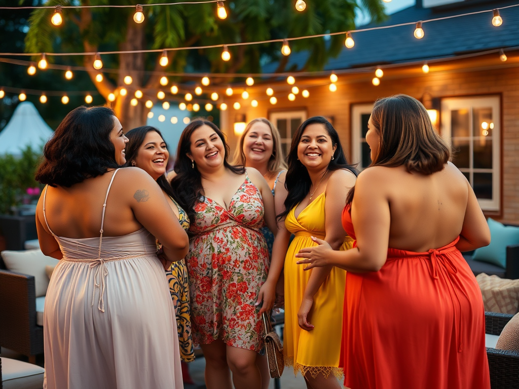 Un groupe de femmes souriantes discutent sous des guirlandes lumineuses lors d'une soirée estivale.
